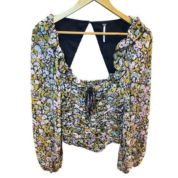 Free People Medium Mabel Balloon Sleeve Ruched Cropped Top Peasant Blouse Floral - Picture 4 of 15